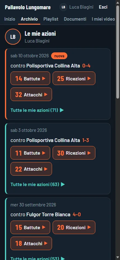 The team website on a phone: a player’s own actions, with serves, receptions and attacks from every match